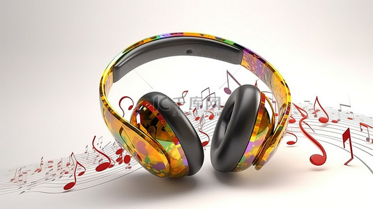 音乐彩色背景图片_白色背景上带有 3D 渲染音乐笔记的彩色耳机的前视图