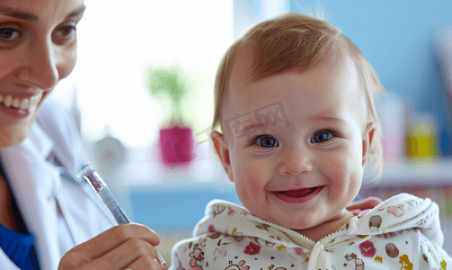 医生给婴儿检查体温婴儿微笑