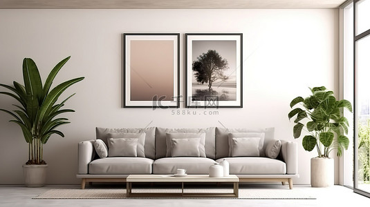 当代客厅 3D 渲染展示家庭内部的植物沙发和海报框架