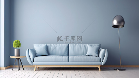 现代生活空间，配有浅蓝色沙发灰色墙壁和浅色木地板，采用简约主题 3D 渲染图像