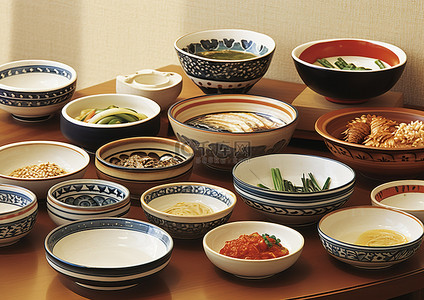 一张桌子，摆满了各种不同的碗和盘子