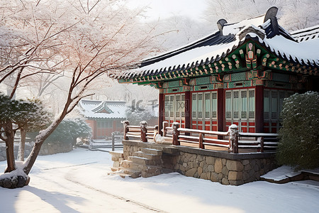 节日期间，冰雪覆盖了韩国的一个小木村
