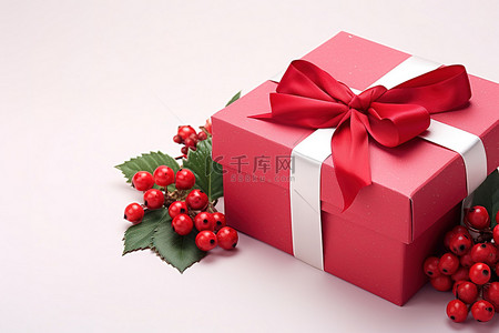 浆果背景图片_红色圣诞礼品盒，里面有白色的浆果