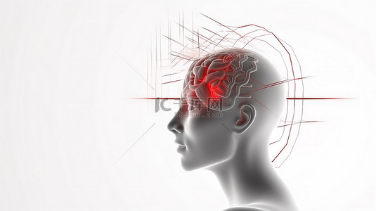 心电图医疗背景图片_带有红心和脉冲的白色抽象头部轮廓的 3D 渲染象征着白色背景上的心理健康概念