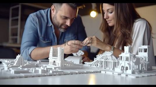 白种人男性和女性建筑师合作制作 3D 打印模型