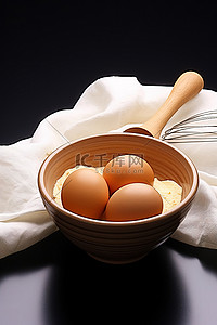 四个鸡蛋和一个搅拌器放入白碗中