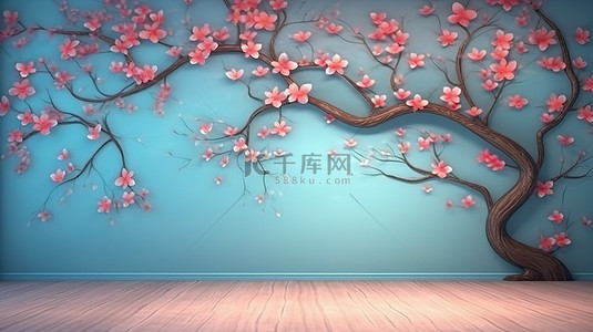 装饰壁纸，带有树枝和花朵，以 3D 背景壁画插图为背景