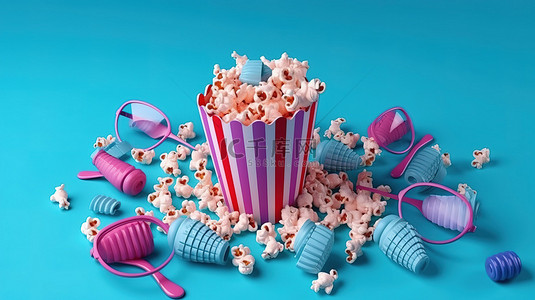 电影之夜必需品立体浮雕一次性纸 3D 眼镜和爆米花在柔和的蓝色和粉红色背景上从上面
