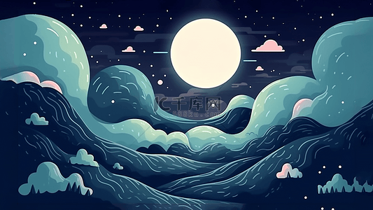 夜空月亮海水卡通插画背景