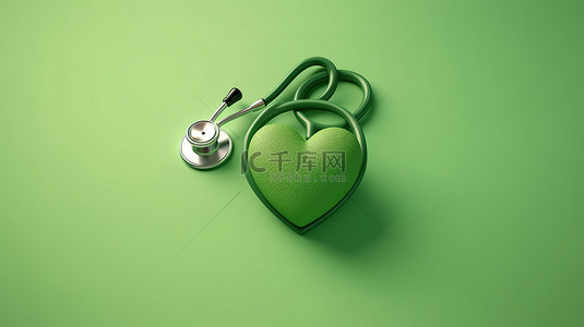 绿色听诊器背景图片_在数字渲染的绿色背景下制作成心形的听诊器