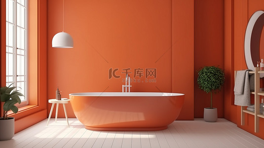 室内家居场景图背景图片_现代浴室模型与充满活力的橙色墙壁室内场景的 3D 渲染图