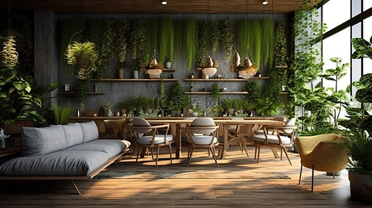 咖啡店或咖啡馆的 3D 渲染，设有充满活力的起居区和室内花园