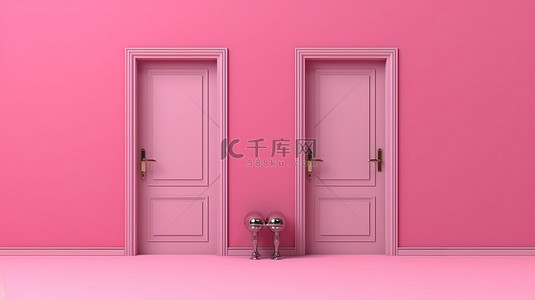 大挑战背景背景图片_粉红色背景，带有关闭和打开的门的 3D 插图，提供复制空间
