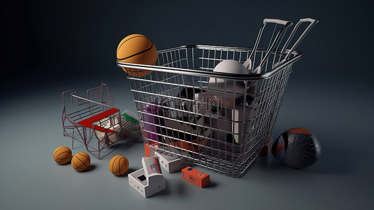 游戏商城面板背景图片_3d 渲染中的购物篮和游戏计算机