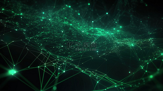 绿色格背景图片_抽象绿色背景中的发光点网络网络空间中几何流的 3D 渲染