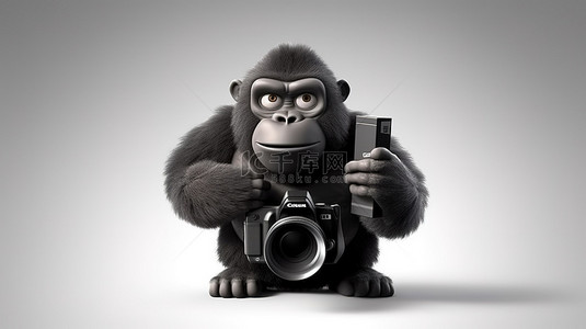 猴子插画背景图片_手里拿着相机的搞笑 3D 大猩猩