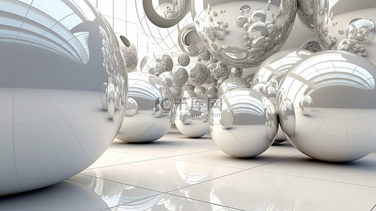 在 3d 渲染图像中具有多种尺寸反射球体的白色工作室