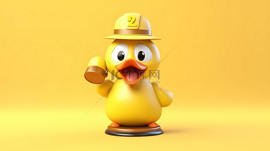 酒店人物背景图片_欢快的卡通鸭吉祥物，在阳光明媚的黄色背景上带有服务铃 3D 插图