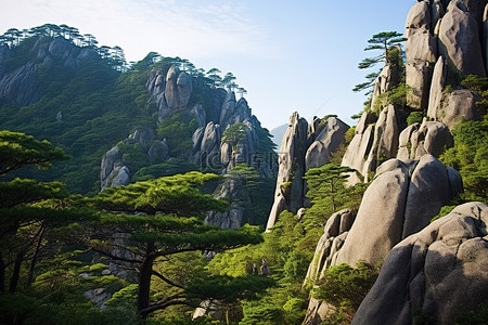水墨风景山群背景图片_山上有一群巨石矗立在森林里
