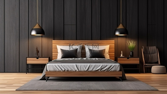 茶几房间背景图片_时尚的卧室室内设计，配有木质边桌和黑色图案墙 3D 渲染