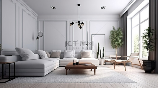 室内简约装饰背景图片_现代 3D 渲染中的简约客厅装饰
