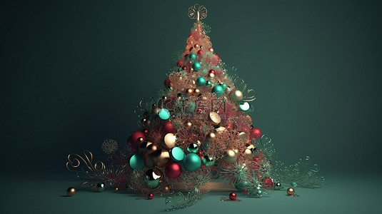 抽象圣诞树 3D 渲染圣诞元素的节日布置