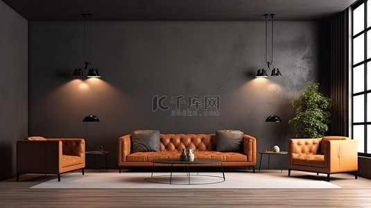 客厅空墙，配有时尚扶手椅和沙发 3D 渲染