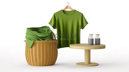穿着绿色 T 恤的购物者，提着一篮子商品，白色背景 3D 渲染