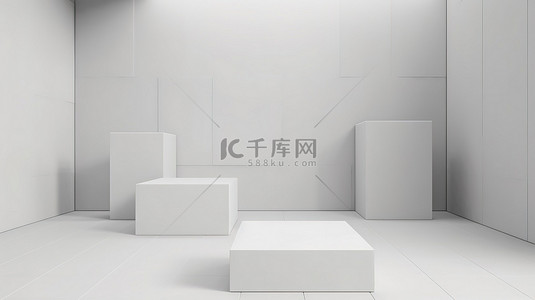 空荡荡的工作室，带有 3d 白色立方体基座，用于方形模板和展示的最小产品背景