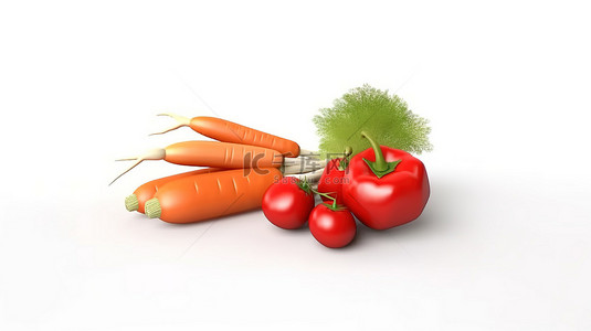 白色背景上具有平坦纯红色的番茄胡萝卜和柠檬蔬菜的 3d 图标