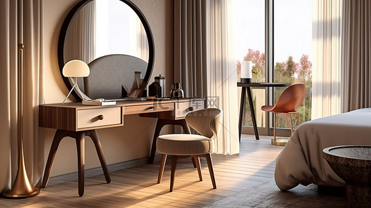 旅馆房间背景图片_现代酒店房间梳妆台椅子和镜子的 3D 渲染