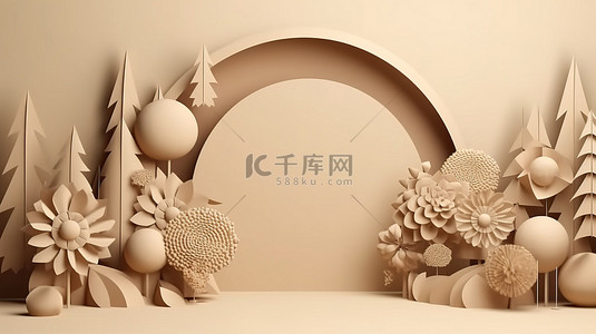 大象图腾背景图片_米色纸艺术森林概念显示在具有抽象背景的 3D 渲染模型中
