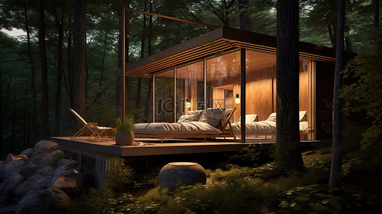 郁郁葱葱的森林中木屋设计的夜间氛围 3D 渲染，配有户外休息室