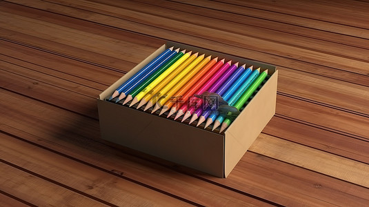 木质铅笔背景图片_3D 渲染木质背景，盒子里有一组大纸板铅笔