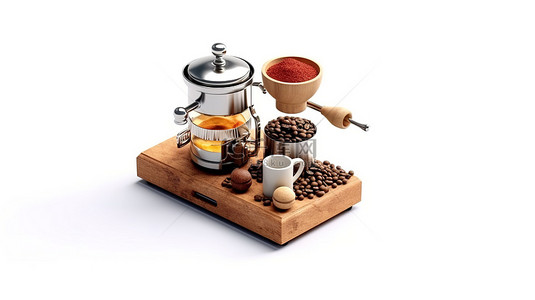通过 3D 渲染创建的白色背景上展示的木制咖啡磨和浓缩咖啡机