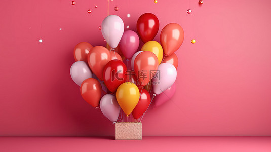 充满活力的气球在大胆的红色背景下庆祝生日快乐 3d 渲染水平横幅