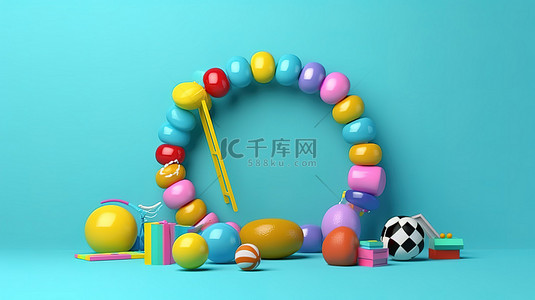 充满活力的健身器材和玩具展示，包括哑铃羽毛球拍水瓶呼啦圈和蓝色背景上的彩色球，以 3D 渲染