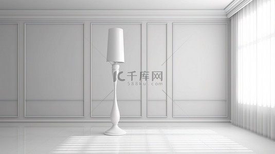 时尚白色设计的现代落地灯 3D 渲染空房间的图像