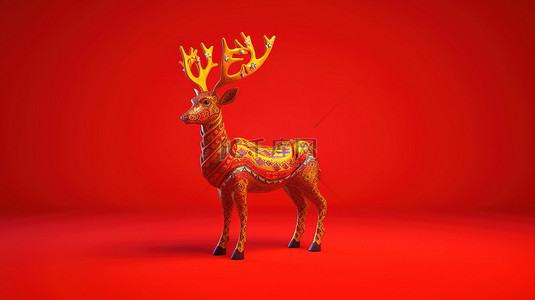红色背景与节日驯鹿装饰的 3d 插图