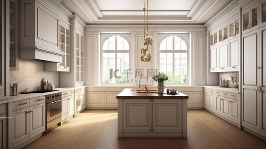 传统厨房背景图片_传统厨房融合了白色和木质风格的室内设计 3D 渲染