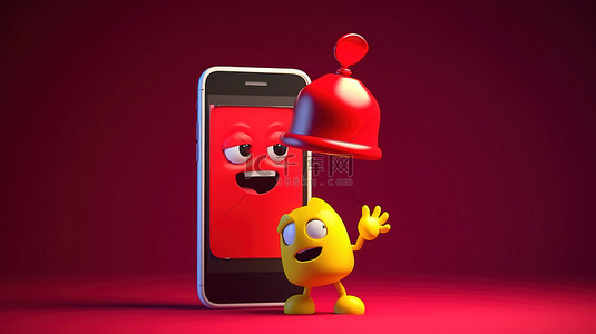手握手机的 3D 卡通插图，在语音气泡聊天通知上带有响铃通知警报