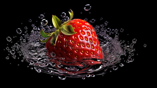 黑色背景下液态水中漂浮的草莓果实的 3d 渲染