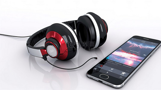 科技设备背景图片_3D 渲染耳机和手机，白色背景上有音乐播放列表
