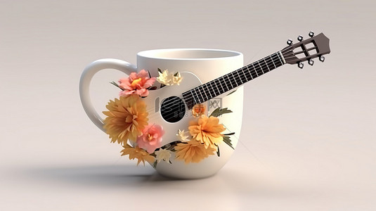 带有吉他和花卉装饰的咖啡杯的 3D 渲染