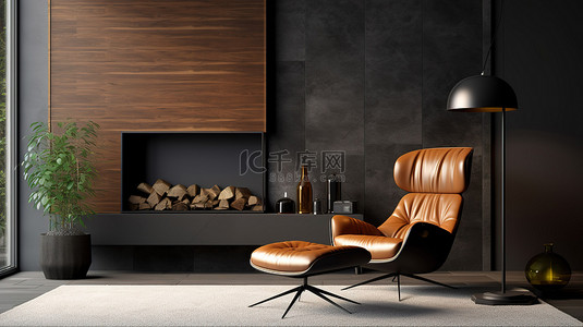 现代客厅配有壁炉皮革扶手椅和 3D 渲染的时尚黑灯