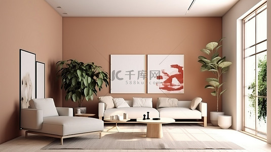 宽敞别致的现代客厅的数字渲染 3D 插图，带有优雅的框架模型