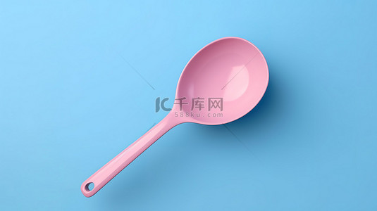 充满活力的粉红色背景上双色调蓝色厨房汤勺的 3D 渲染