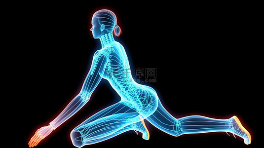 健康跑步背景图片_瑜伽姿势中女性医学模型的 3D 渲染，重点是脊柱结构