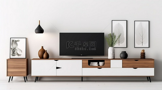 时尚的电视控制台，配有木制抽屉和电视，显示在白墙 3D 渲染上