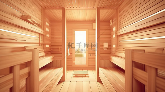 浴室内部 3D 渲染经典木制芬兰桑拿小屋的极端特写